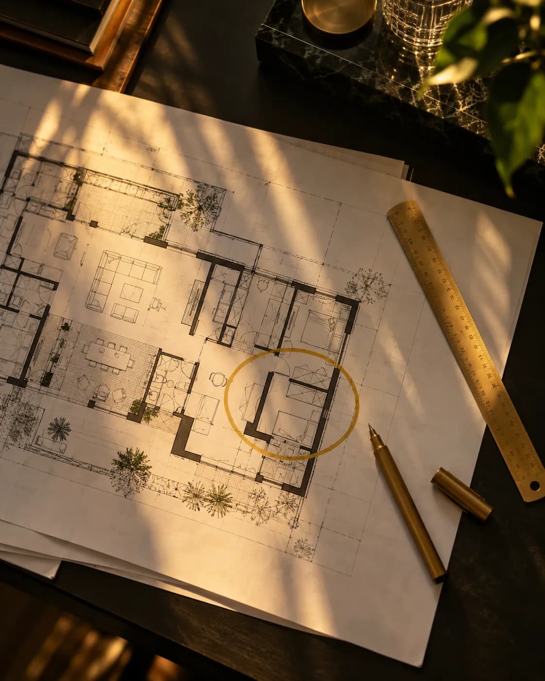 Planta de um escritório sobre a mesa, com um trecho circulado em dourado